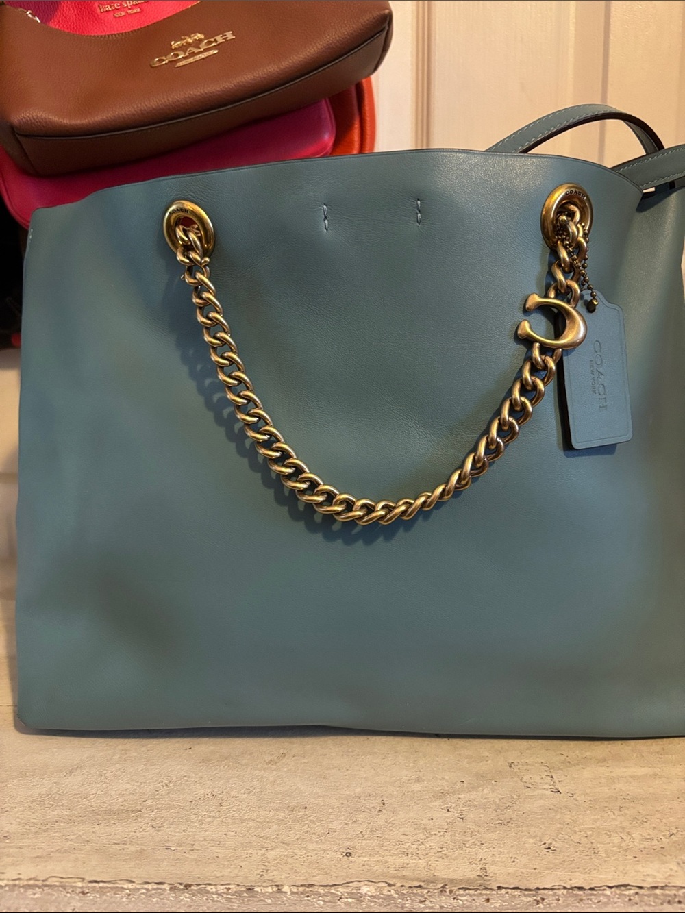 Coach Blue Leather Tote with Gold-Tone Chain